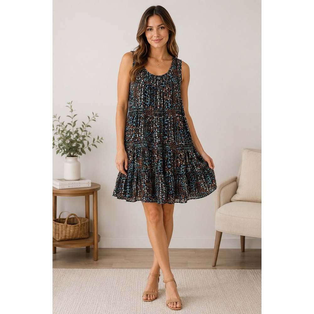 Antilia Femme Black Floral Sleeveless Tiered Mesh Top